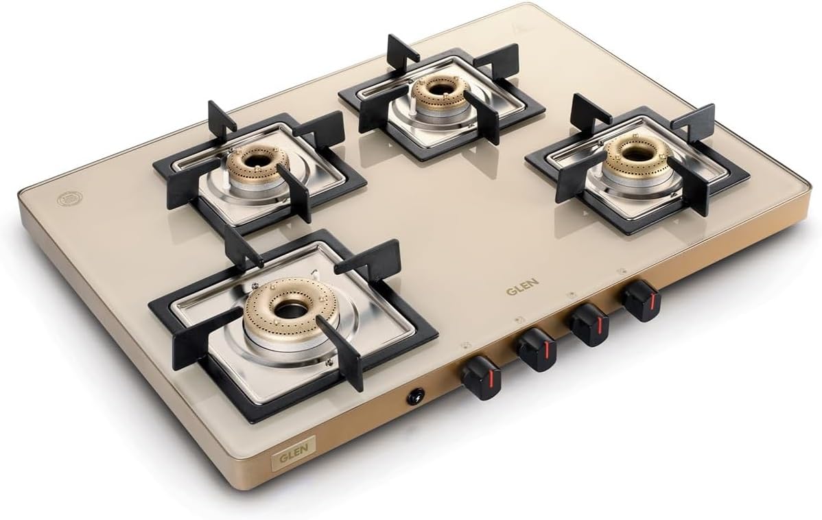 Glen Ultra Slim LPG Gas Stove 4 Burner | 1 High flame Forged Brass Burner | 8mm Toughened Glass Top | 360 Revolving Inlet Nozzle | 2 Years Standard Warranty (Apricot-Auto Ignition) | 1047USACAI