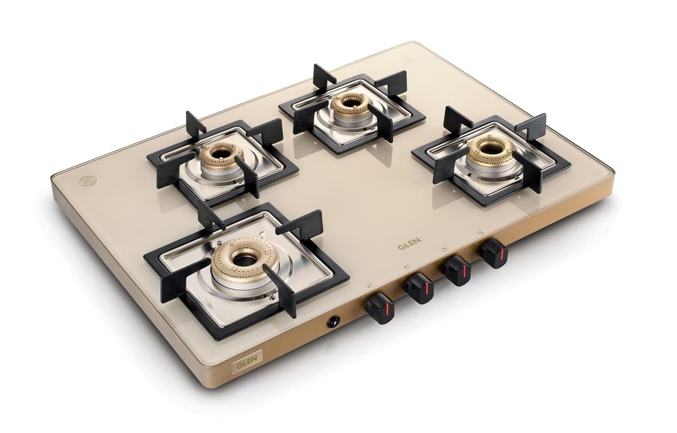 Glen 4 Burner Ultra Slim Glass Gas Stove 1 High flame Forged Brass Burner | Revolving Inlet Nozzle | 2-Year Warranty On Product (Apricot-Auto…