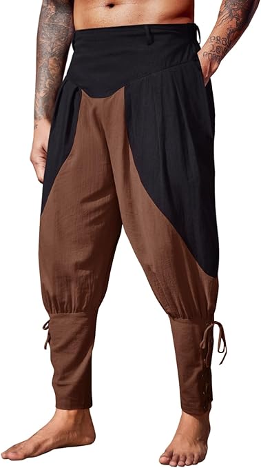 Runcati Mens Medieval Ankle Pants Renaissance Viking Pirate Pants Lace Up Navigator Colonial Halloween Costume Trousers