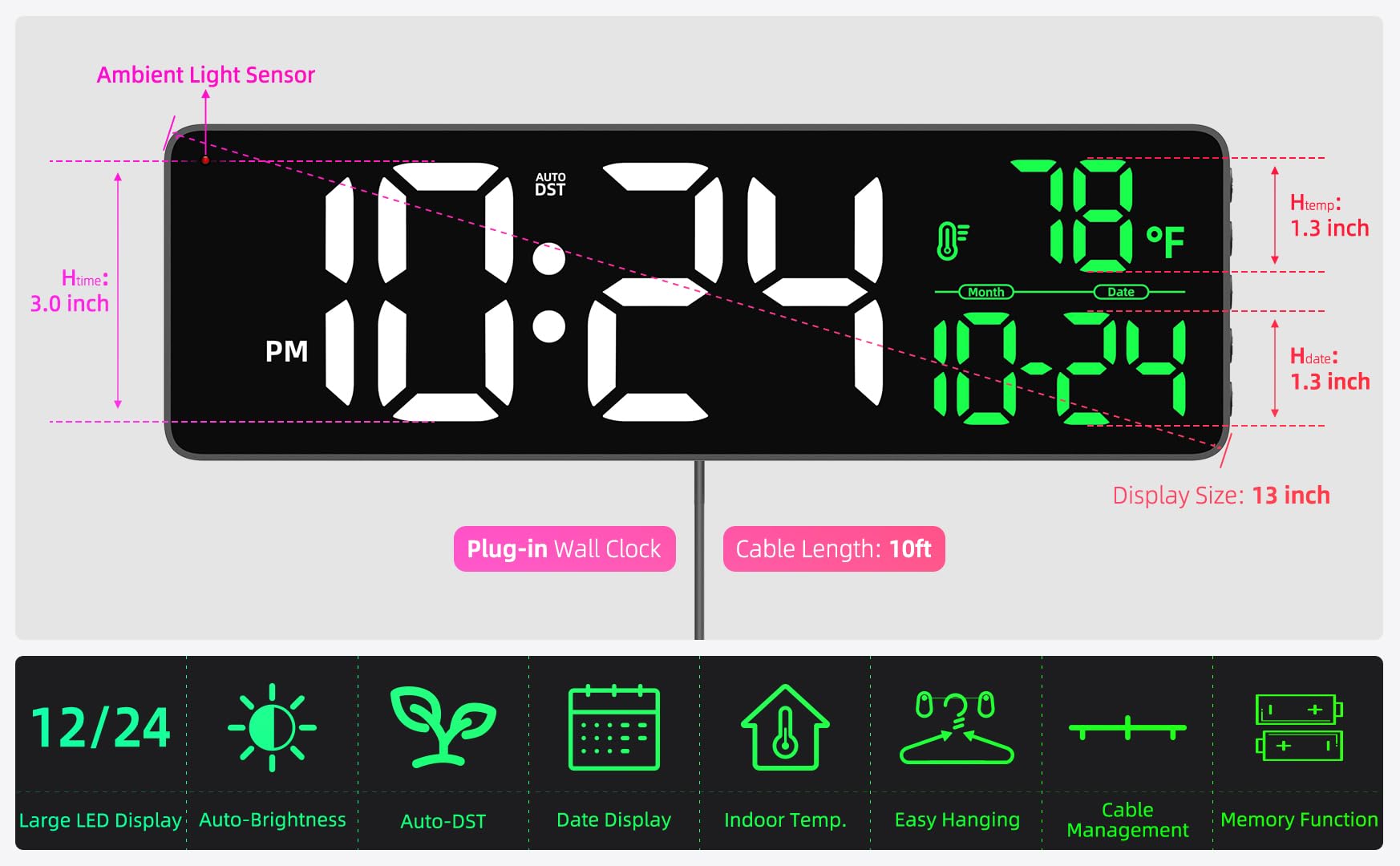 Große LED-Digital-Wanduhr mit Datum, Temperatur, Auto-Helligkeit, Auto-DST | Große Digitaluhr für Schlafzimmer, Schreibtisch, Klassenzimmer, Wohnzimmer, Küche, Büro, Fitnessstudio, Bauernhaus