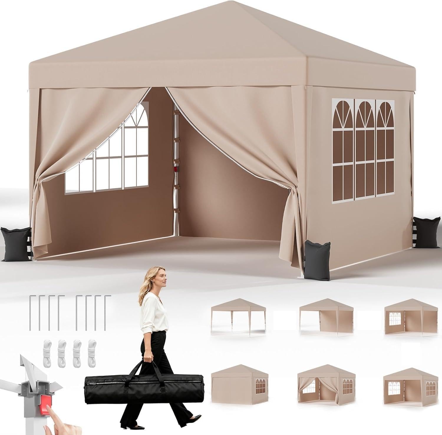 JUMMICO Gazebo 3x3m Pieghevole, Altezza Regolabile, Struttura Stabile, Copertura Esterna Resistente e Impermeabile, con Pareti Laterali, con 4 Sacchi di Sabbia di Peso e Sacca da Trasporto, Beige