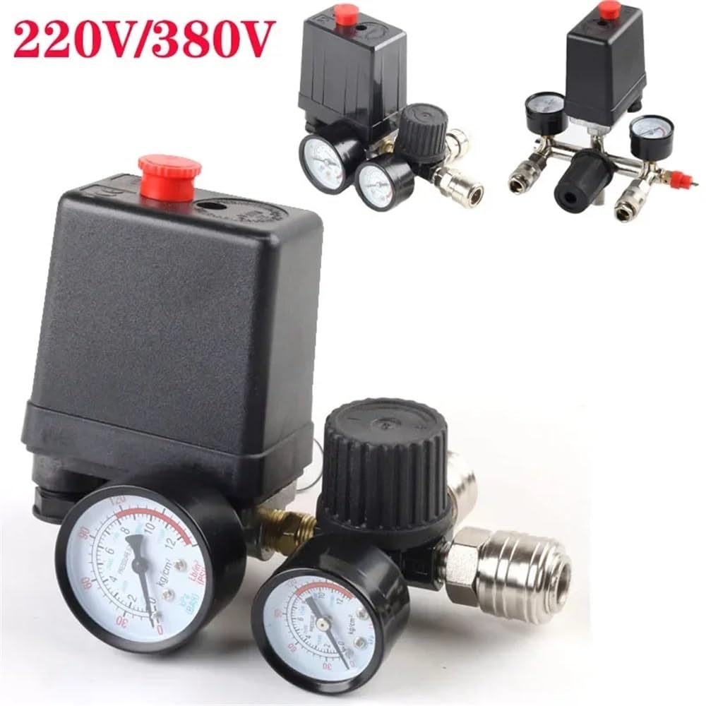 Interruptor de Control de presión de bomba de compresor de aire, regulador de alivio del colector de 4 puertos, 220V/380V, válvula de Control de 30-120PSI con manómetro(B-380V)