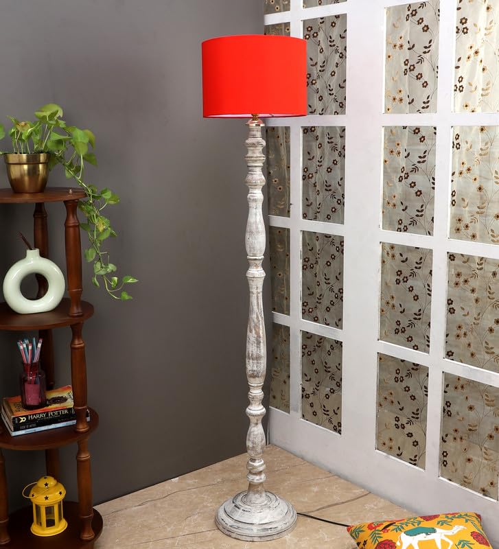 Image of tu casa Mango Wooden Floor Lamps with Red Shade for Home Decor, Bedrooms Corner, Living Room, Gifting, Diwali Decoration, Hall, Office, Study Room (Height: - 56 inch) - Bulb not Included