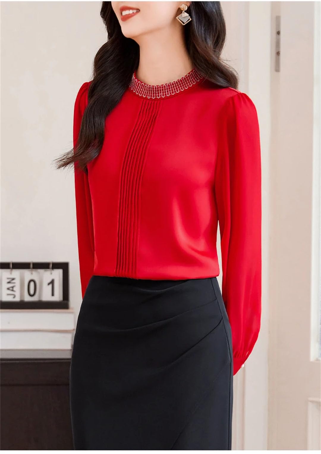 Blusa de manga larga para mujer, cuello alto, plisada, para oficina, para viajeros