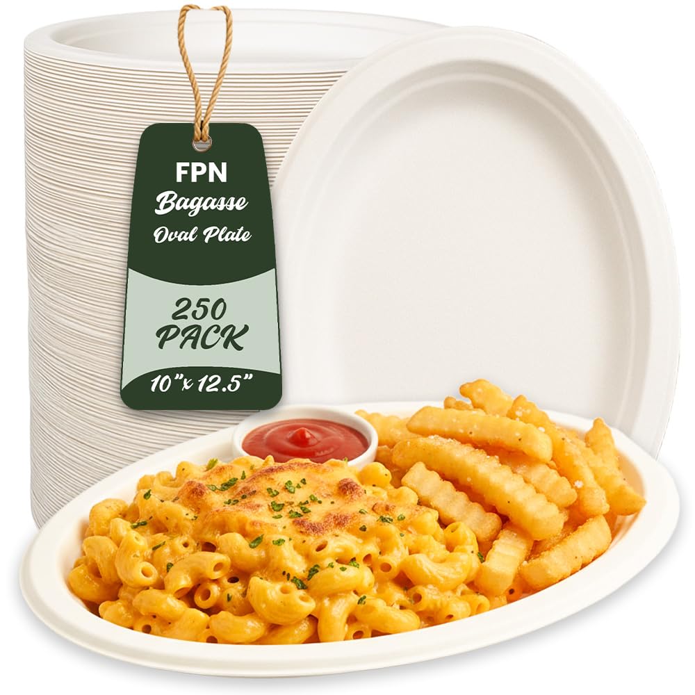 Platos ovalados desechables (250 unidades, grandes), caña de azúcar ecológica, biodegradables, compostables, resistentes, sin BPA, aptos para microondas y congelador, perfectos para fiestas, bodas
