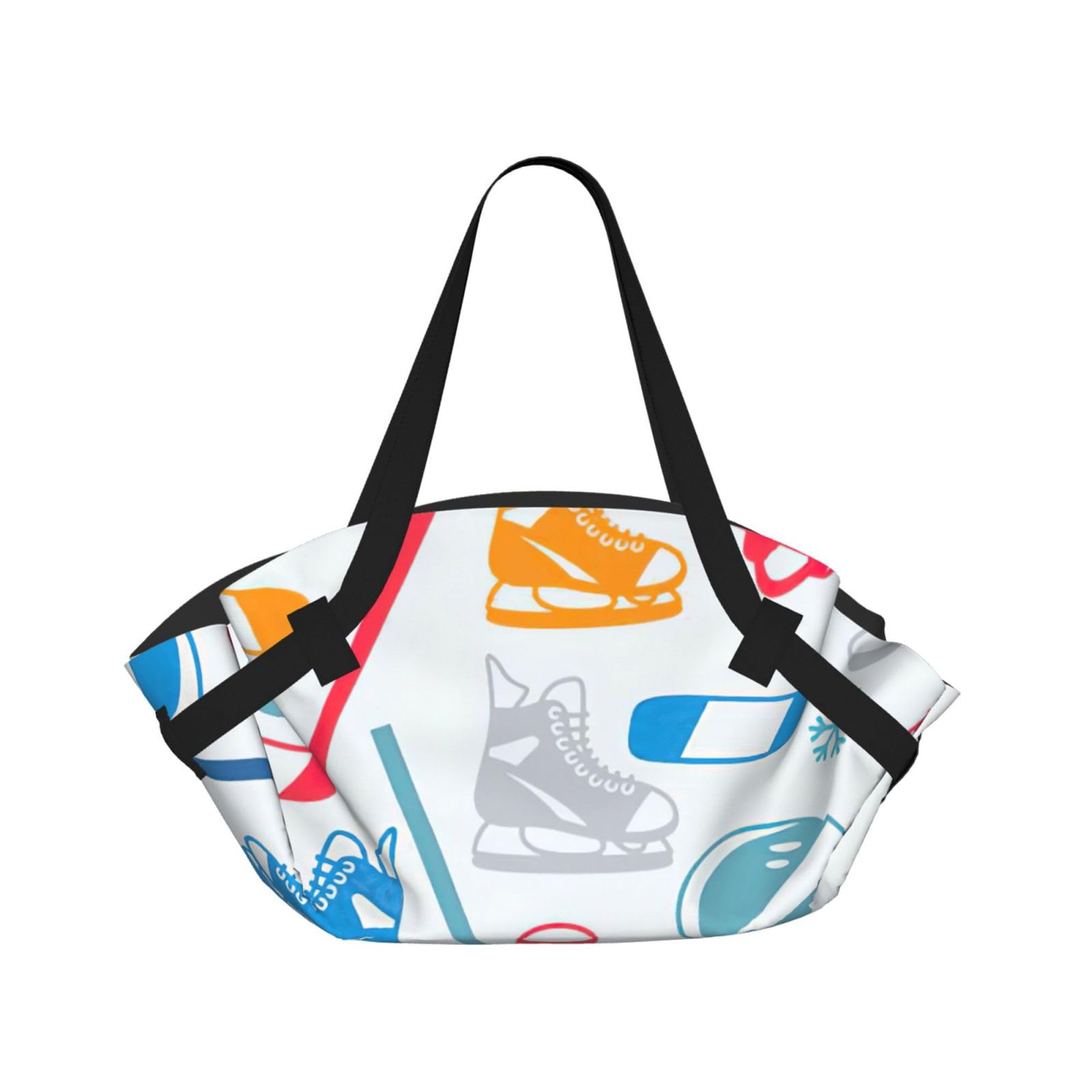Hockey Elements Creative Patterned Printed Outdoor Picnic Mat and Handbag, Portable Round 37in Foldable for Park Lawn Family Day