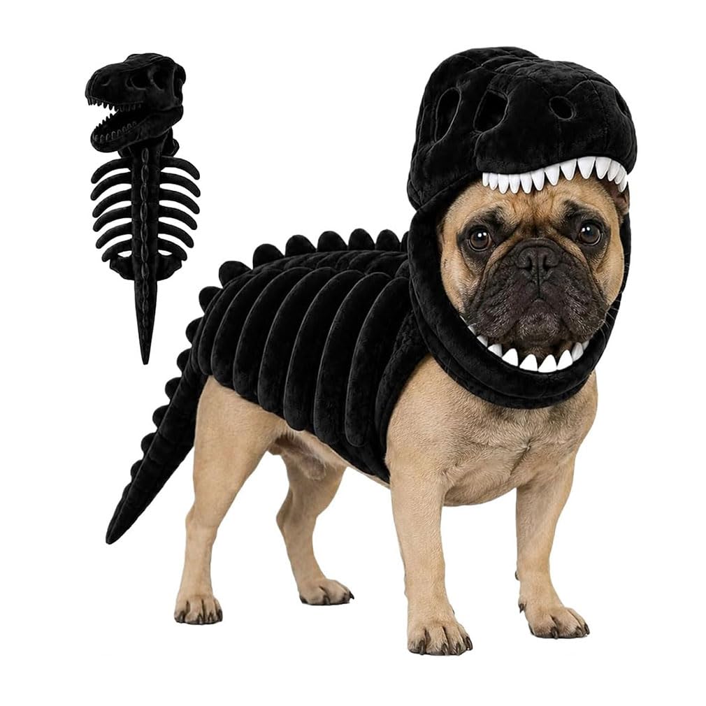 Dog Cat Pet Dinosaur Skeleton Costume, Pet Dinosaur Costume, Soft Plush T-Rex Skeleton Halloween Costume, 3D Cozy Dinosaur Skeleton Pet Costume, Funny Dog Dinosaur Costumes for Halloween，Black：90CM