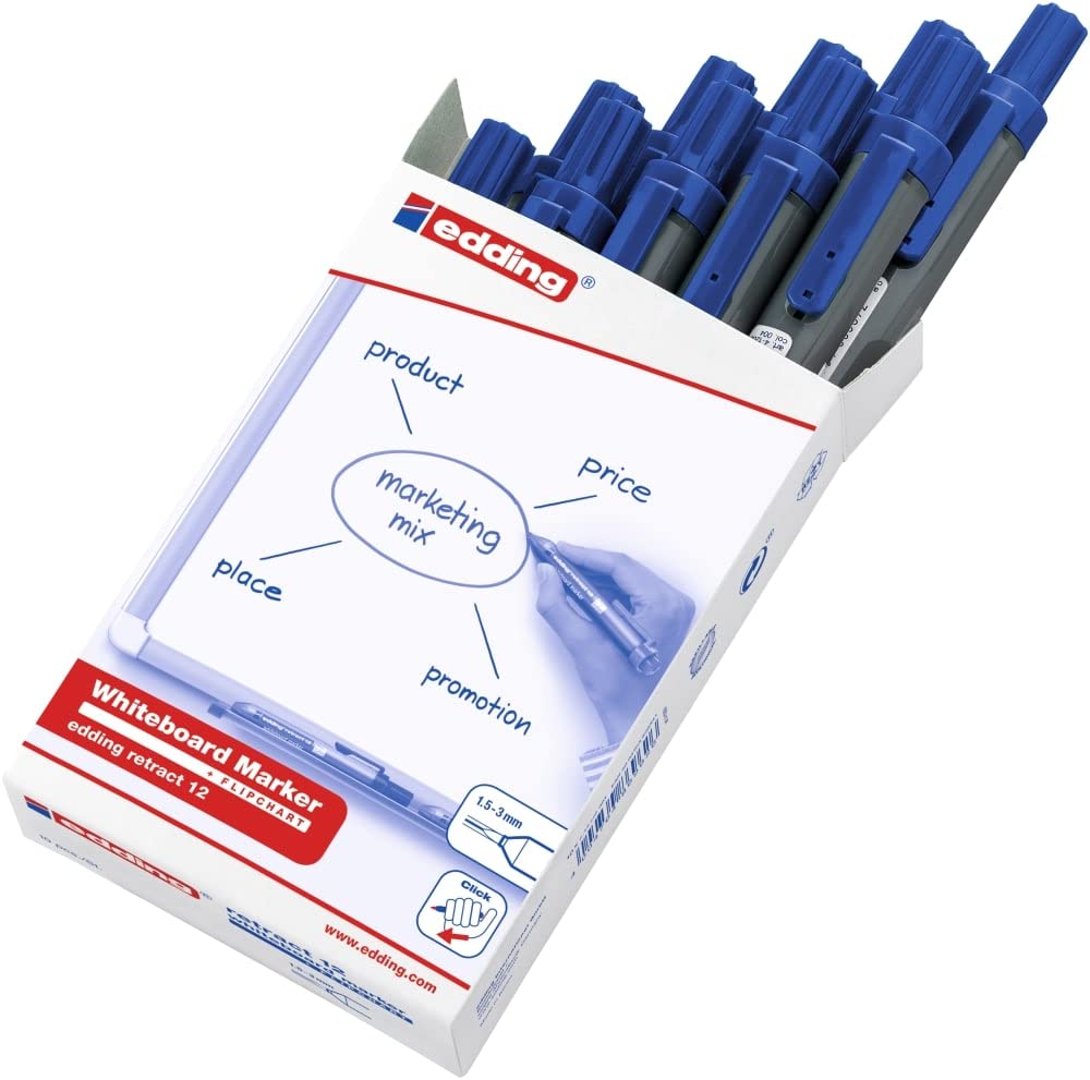 Edding 12-003 - Caja con 10 Marcadores para Pizarra Blanca Retract - Punta Redonda - 1,5-3 mm - Azul