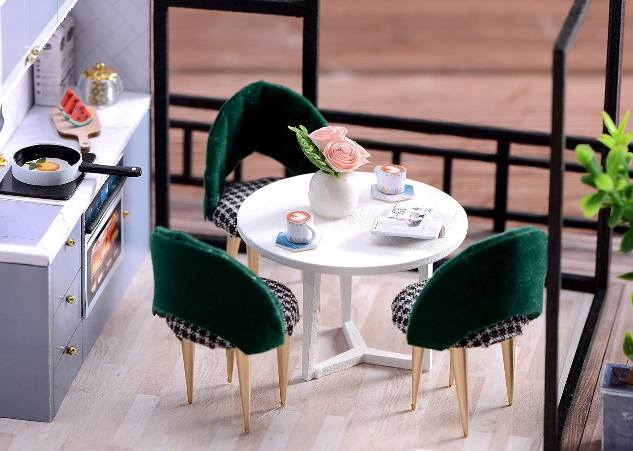 Kit de casa de muñecas en miniatura con muebles, kit de casa de muñecas de madera con luces LED (L032) 4