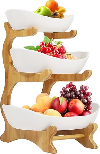 RIQUIPAI Cesta de frutas de 3 niveles, cesta de frutas y verduras blancas, bandeja de frutas, soporte de cuenco para frutas, nueces, aperitivos,