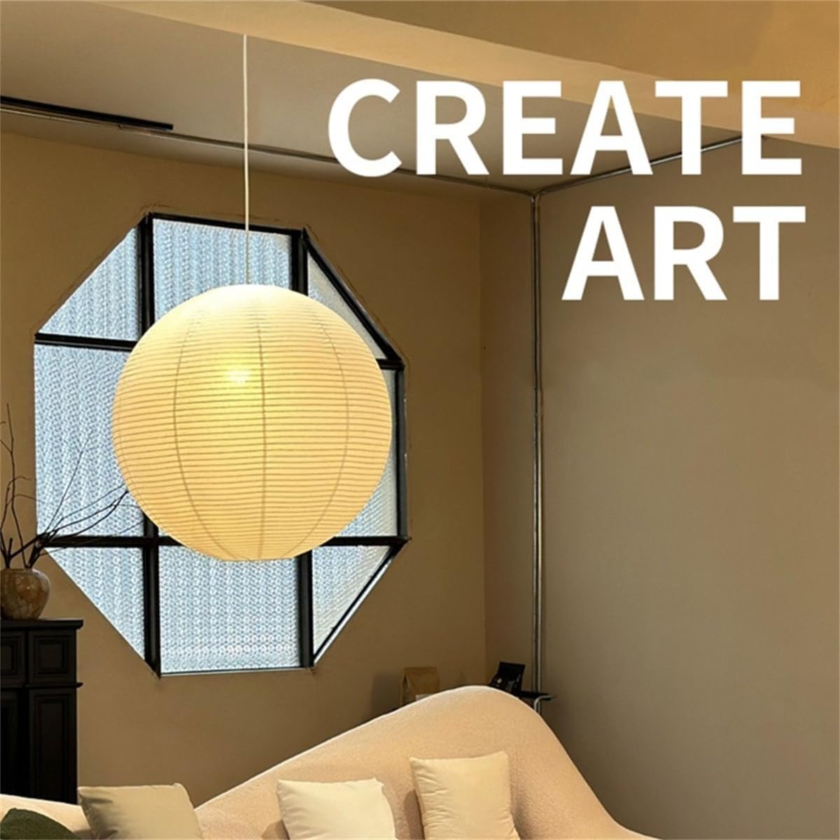 Large Paper Lantern with Lights, Bohemian Style Beige Apple Paper Lamp Shade, Suitable for Indoor Ceiling Decor (Melon white light(11.8"), with Lights and wires)