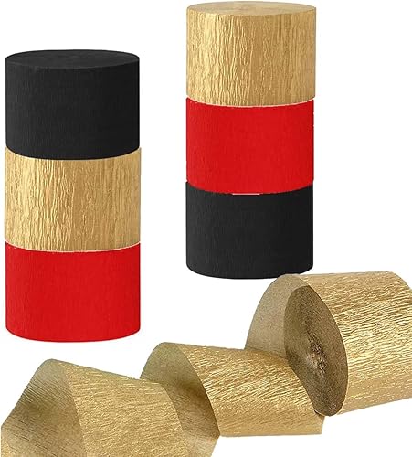 Serpentinas de papel crepé rojo, negro y dorado, 6 rollos de 3 colores, para decoraciones de fiesta de oro negro y rojo, serpentina, fiesta de
