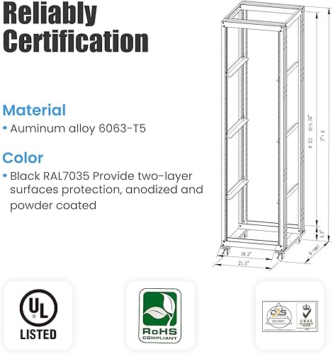 Miniatura 3 de Raising Electronics Estante de marco abierto para servidores, 4 postes de 19 pulgadas, ajustable para servidorestante de audio de acero laminado en