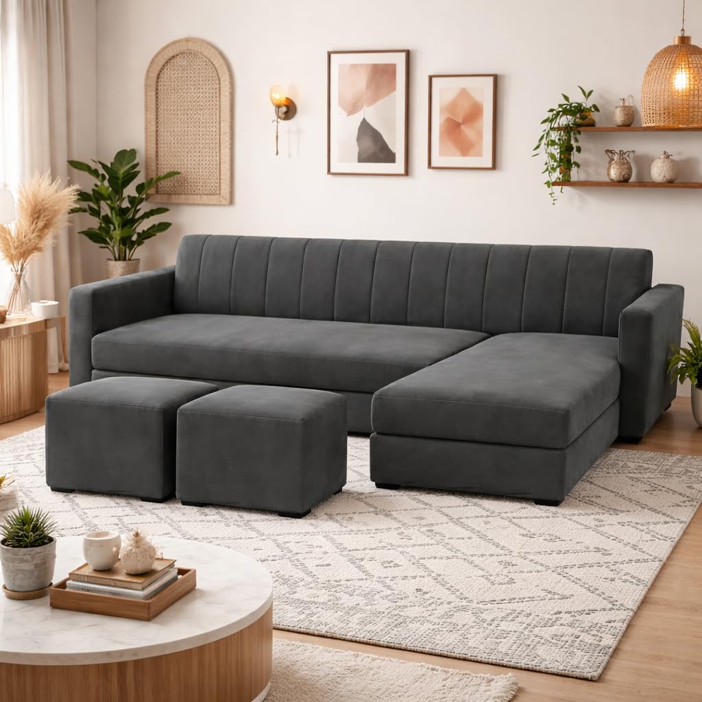 Avarion Luxe Velvet Suede Fabric 4 Seater RHS L Shape Sofa Set | with 2 Ottoman & Modular Lounger | Comfortable & Spacious Seating | Modern Sofa Set for Living Room – Light Grey-picture-17