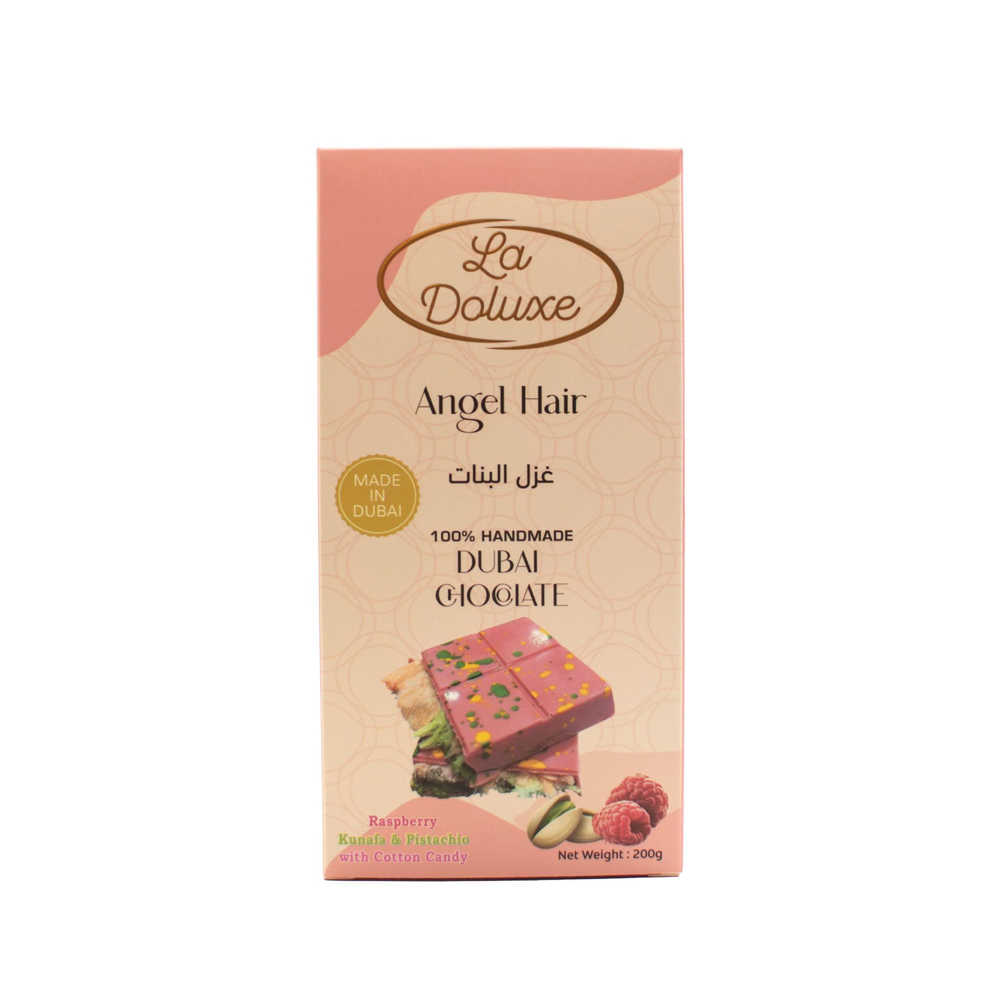 La Doluxe Angel Hair Raspberry Kunafa Pistachio Chocolate – Handmade Dubai Chocolate with Cotton Candy – 200g