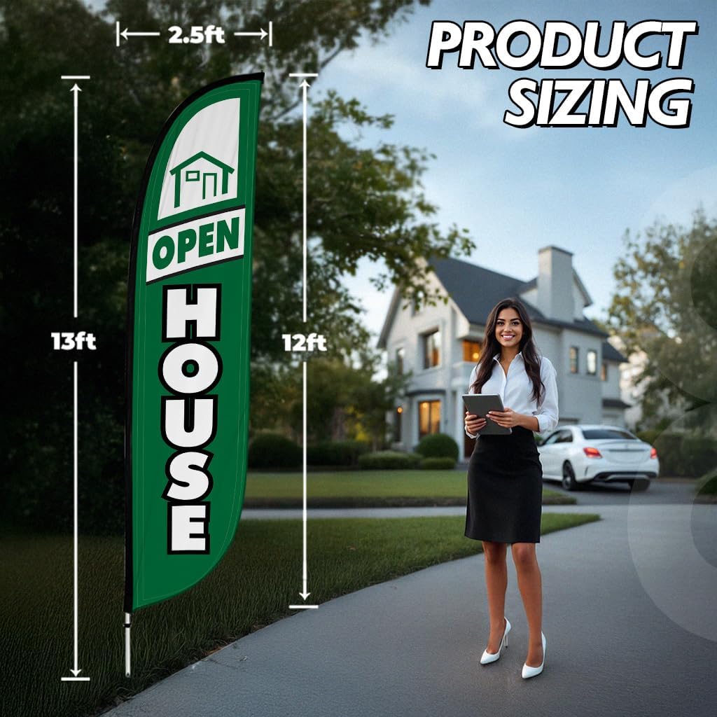 LookOurWay Feather Flag Pole Kit - 12 Feet Tall Advertising Flag Banner with Fiberglass Pole Kit and Ground Spike for Business Promotion - Real Estate Flags - Open House Green - Image 3