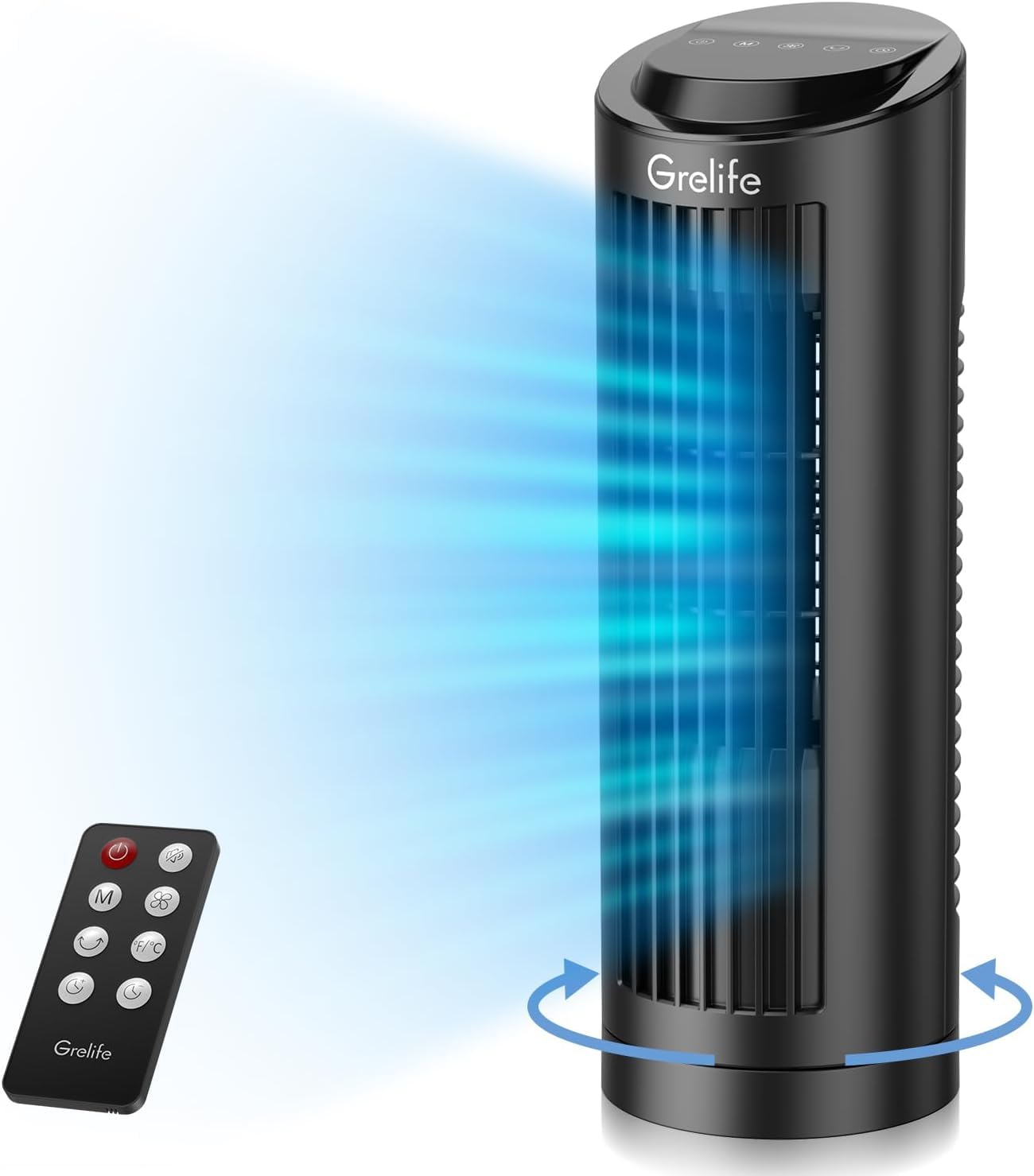 Grelife13" Bladeless Tower Fan, 70° Oscillation, 3 Speeds, 4 Wind Modes, Touch & Remote Control,Quiet Operation and 12-Hour Timer -Ideal for Home Office Bedroom