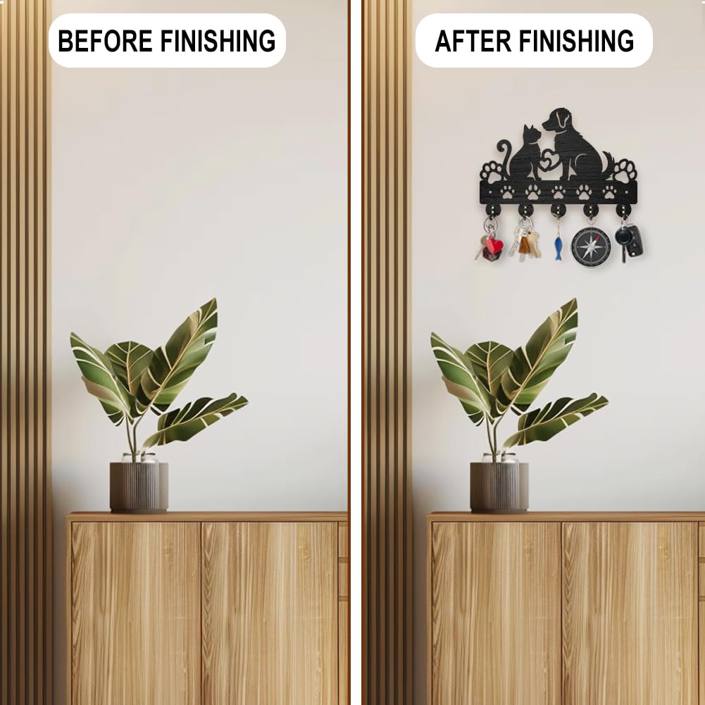 MAYJOYDIY Appendiabiti da parete in legno per chiavi a forma di gatto e cane, 30 x 20 cm, con stampa di zampe, gancio per chiavi, motivo amore, appendiabiti da parete con 5 ganci in lega per ingresso,