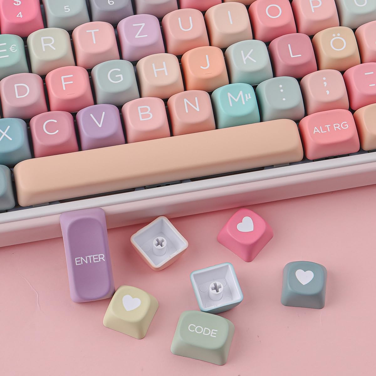 Sunzit Keycaps, 132 Tasten MOA Profil PBT ISO DE Keycaps Niedliches Regenbogen Bonbon Set mit individuellen Tastenkappen für Cherry MX-Schalter ISO DE Layout Mechanische Gaming Tastatur(DE Layout)