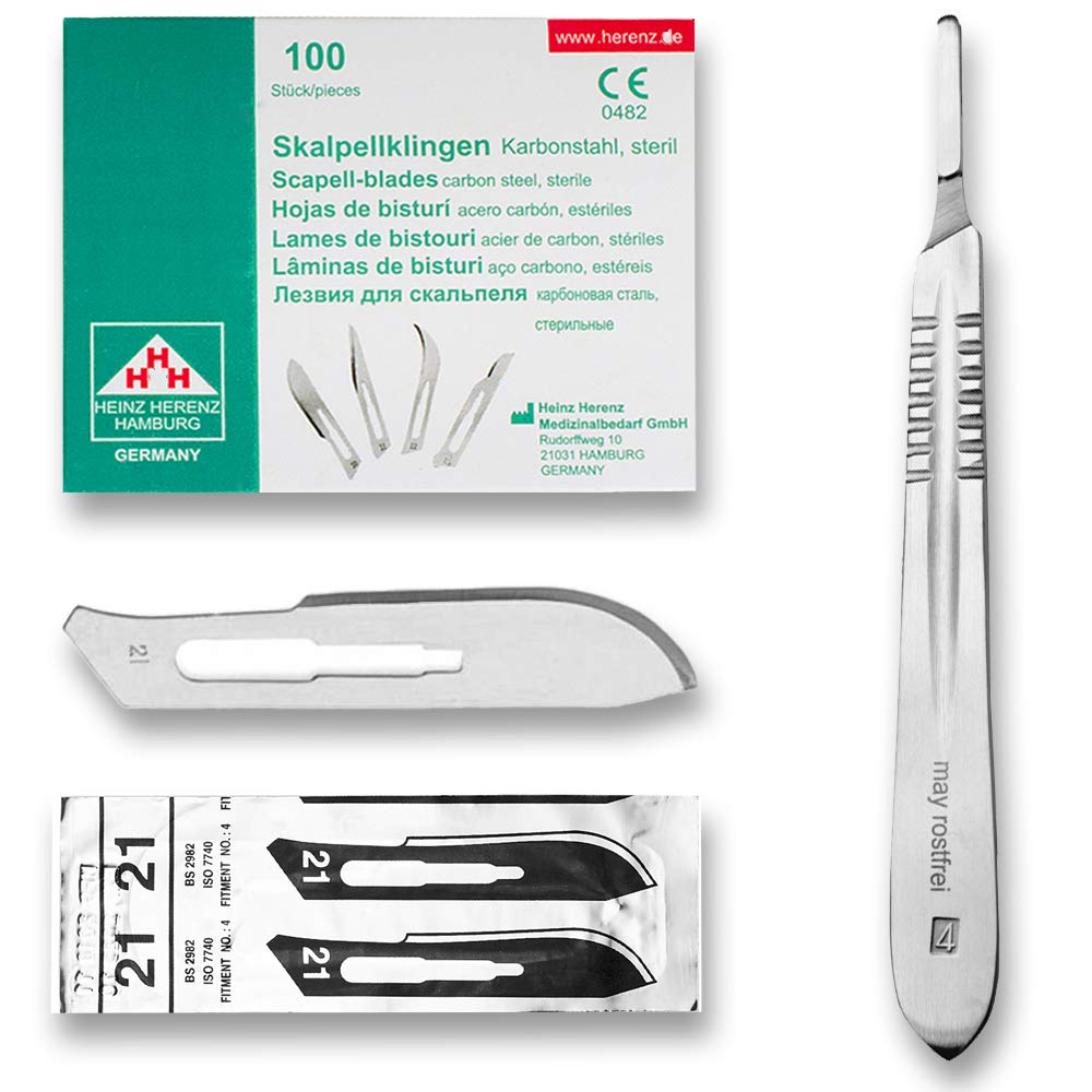 Set - 100 piezas hojas de bisturí No. 21 y mango de bisturí No. 4 - Hojas de repuesto para bisturí hechas de acero al carbono - Estéril