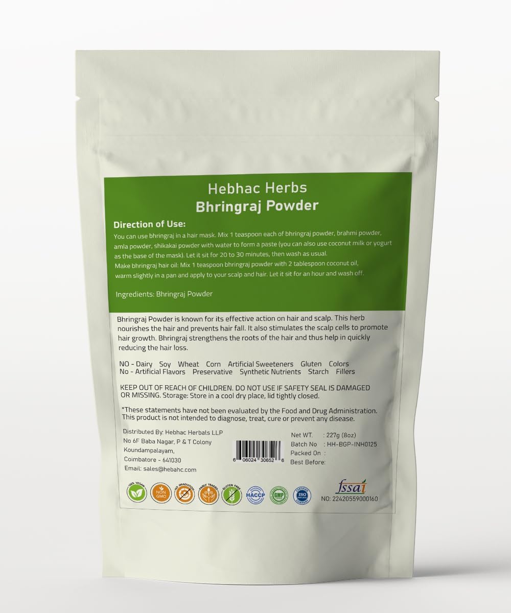 Hebhac Herbs Bhringraj Powder for hair growth (Eclipta Prostrata ) 227g | 8 oz Hair Growth Rejuvenator from India