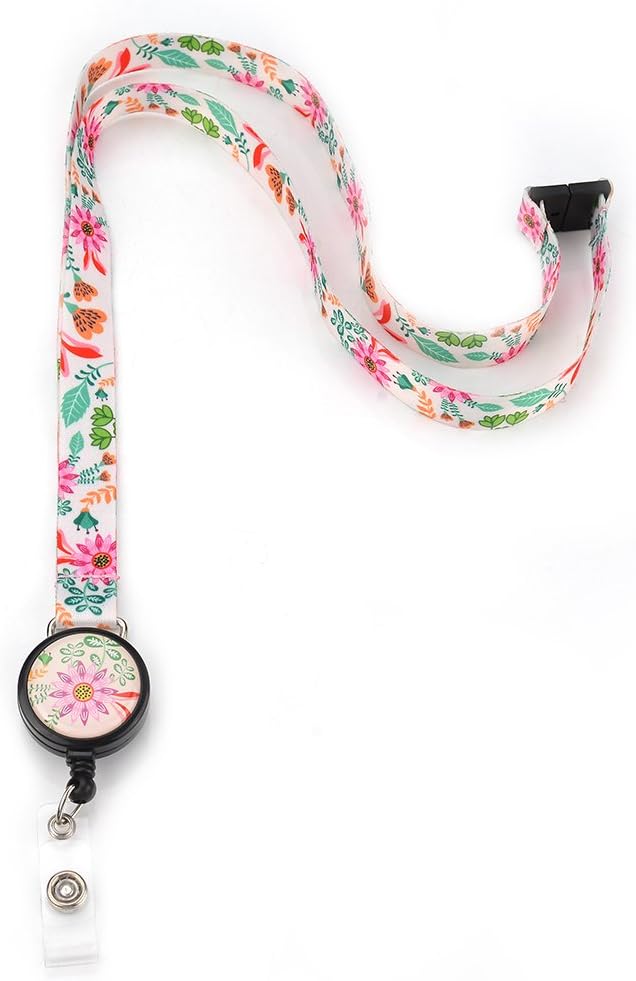 LGEGE Breakaway Lanyard with Retractable Badge Reel, Safety Breakaway Buckle, ID Badge Access Card Attendance Card Key Holder, Artistic Design (Flowers & Leaves)