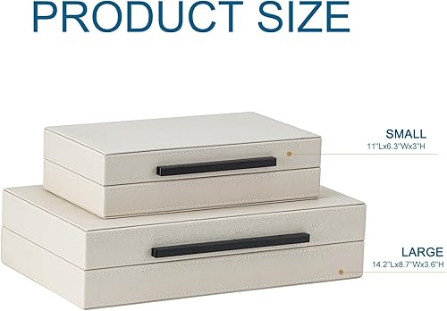 Miniatura 3 de Juego de 2 cajas de almacenamiento decorativas Shagreen beige con asas de metal negro, caja de joyería apilable grande y moderna con tapas