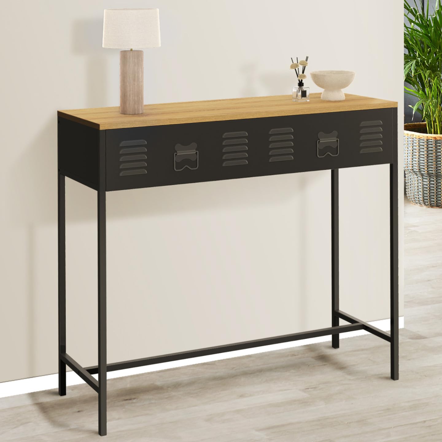 IDMarket – Consola 1 cajón Ester metal Negro Bandeja Madera Diseño Industrial