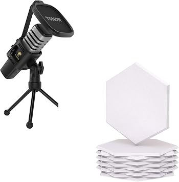 TONOR USB Computer Microphone TC30, Bundle with 12 Pack Hexagon Acoustic Panels White