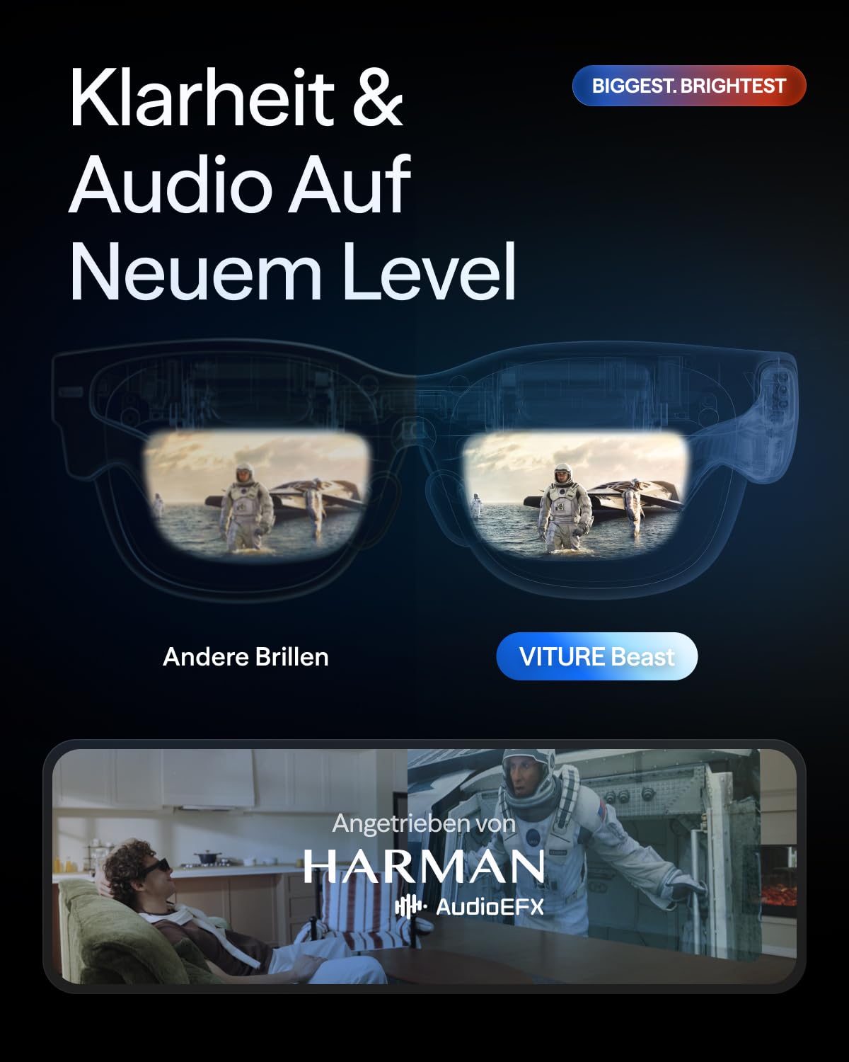VITURE Beast AR-Brille, 174" 1200p 120Hz, 58° FOV, 3DoF, 1250 Nits-Standard | XR-Brille mit Sony Micro-OLED, HARMAN Audio, 9-stufiges Dimmen, für iPhone/Mac/Android/PC/Steam Deck/Switch 2, Fassung inkl