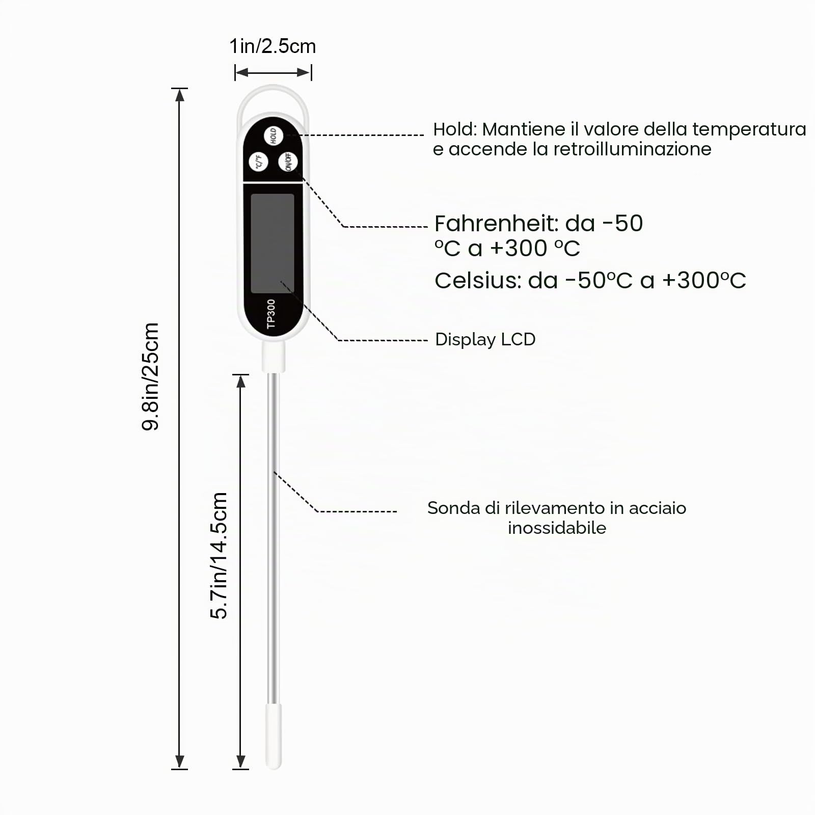 Termometro da Cucina Digitale a Lettura Istantanea con Sonda Lunga e Display LCD, Termometro Alimentare per Barbecue Carne Latte Olio Acqua