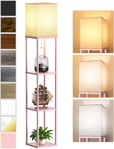 Miniatura 17 de Lámpara de pie con estantes para sala de estar roble gris, lámpara de pie con estante con bombilla LED de 3 CCT, lámpara de columna de pie