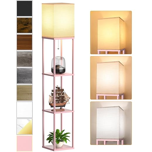 Pink Floor Lamp with Shelves for Living Room, Shelf Floor Lamp with 3 CCT LED Bulb, Corner Display Standing Column Lamp Etagere Organizer Tower Nightstand with White Linen Shade for Bedroom, Office