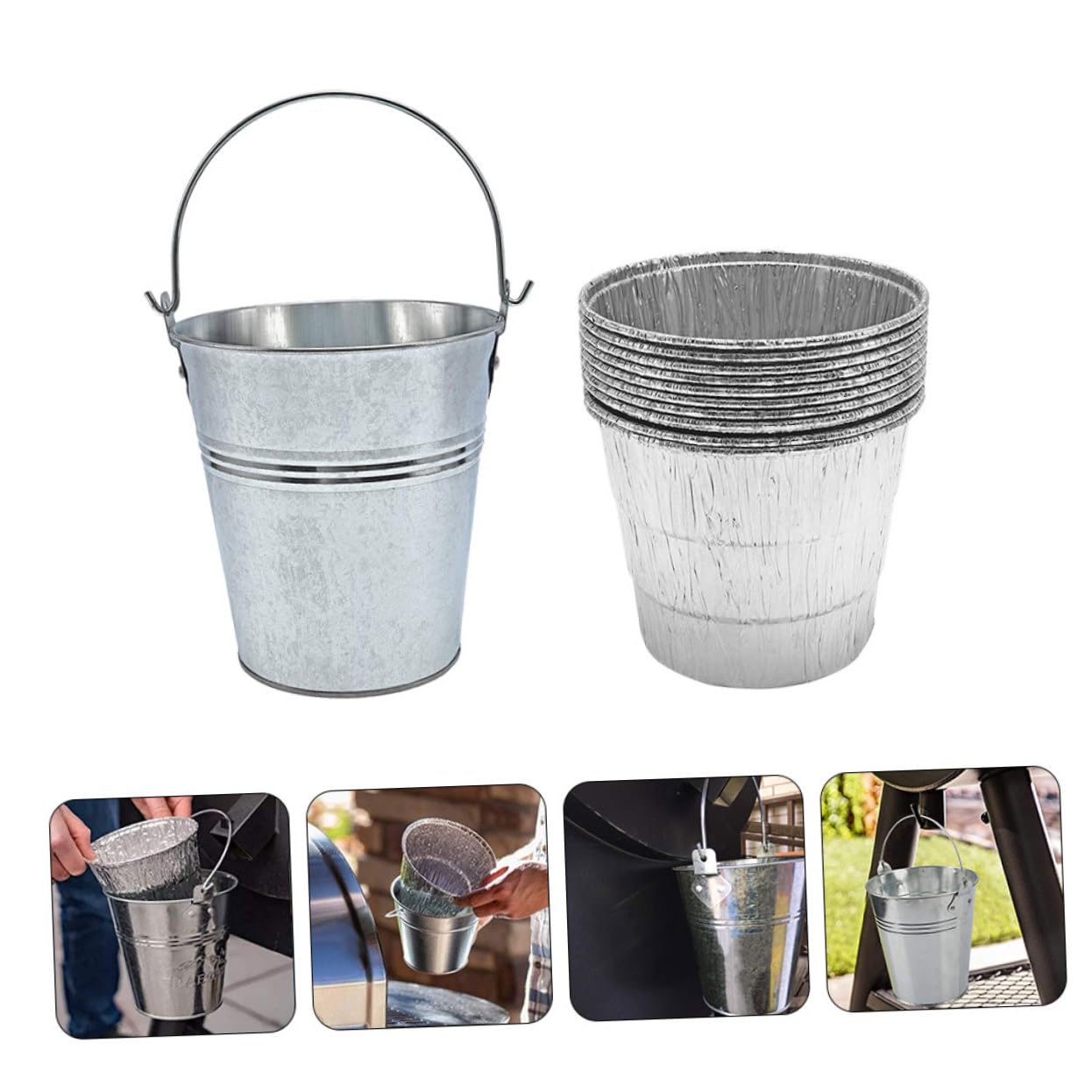 Secchio Grasso Barbecue in Ferro Argento con 10 Rivestimenti
