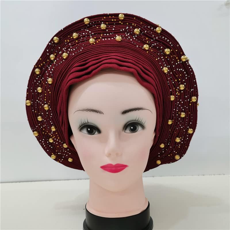 Women Head wrap Beaded lace African headtie Nigerian gele headties with Stones Sewing Fabric for Party 1set by MSB Fabric Color 32