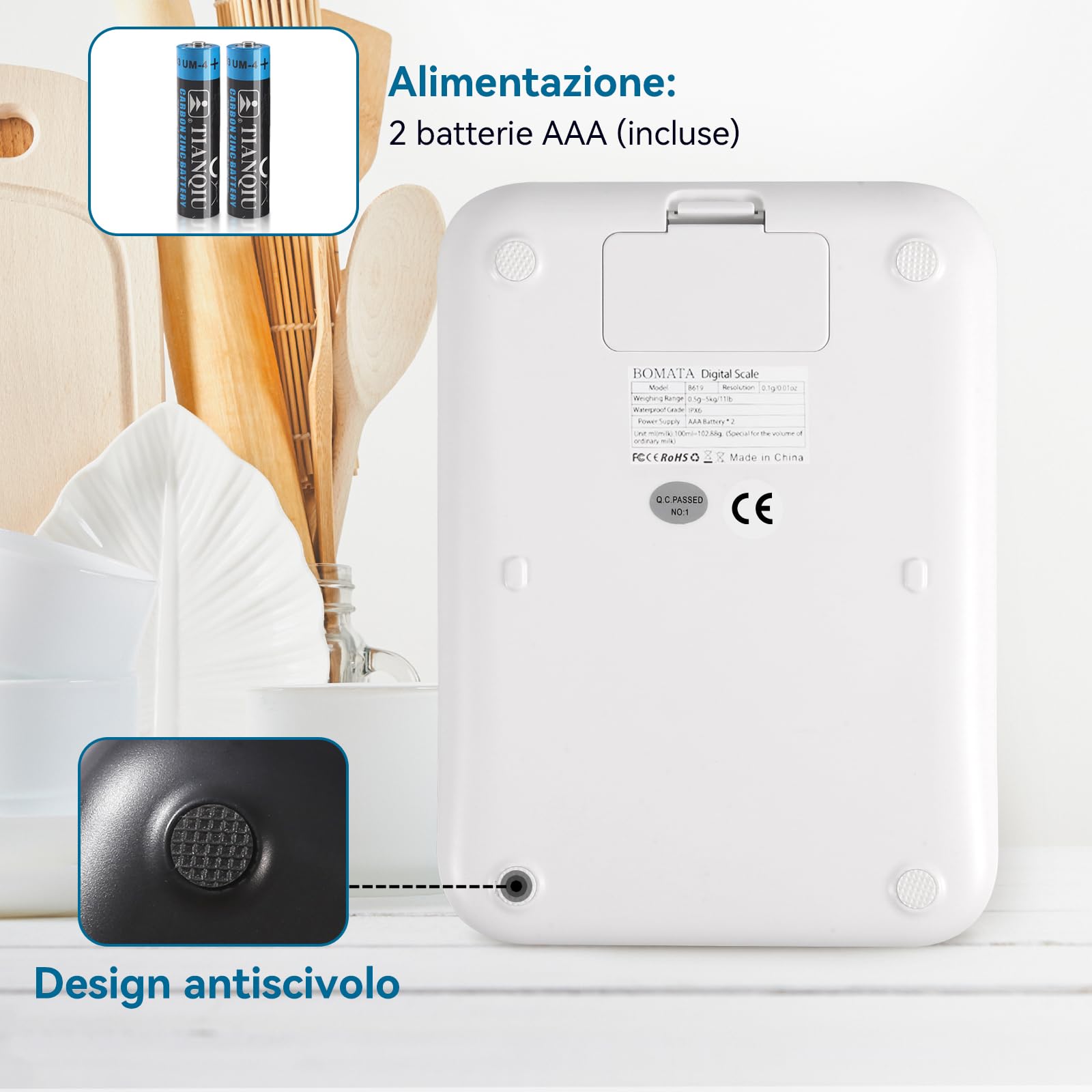 BOMATA bilancia da cucina impermeabile IPX6, alta precisione di 0,1g, con display digitale retroilluminato, piattaforma di pesatura in acciaio inox, alimenti, cucina, pasticceria, ecc. B619 Bianco