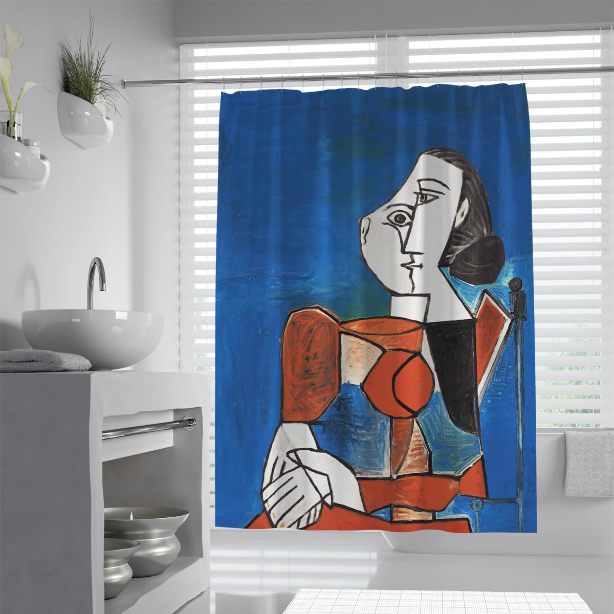 OLLIAR Home Abstract Cubism Shower Curtain Set Red Dress Seated Woman Famous Painting Print Bath Curtain Waterproof Washable Fabric Modern Bathroom Curtains 240x180cm
