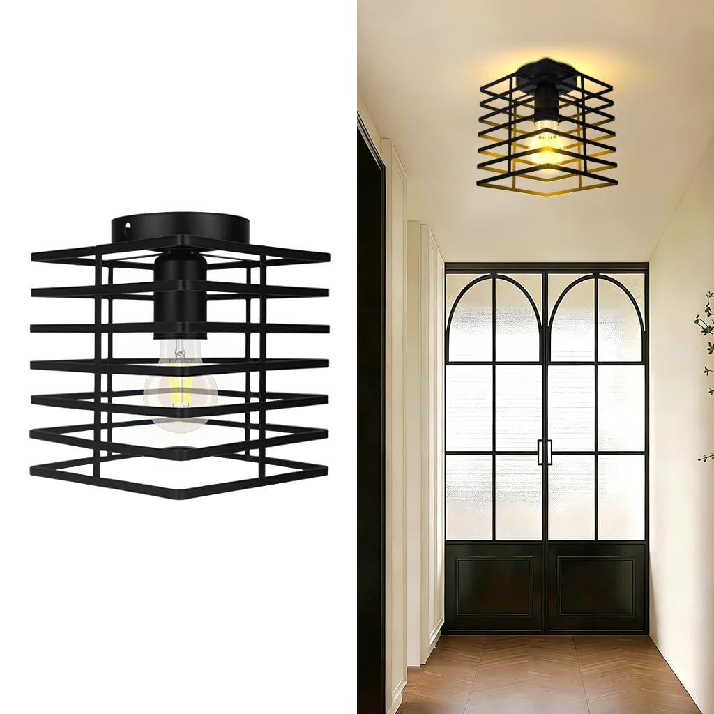 YLTLINK Black Industrial Ceiling Light,E27 Compatible Flush Mount Light Fixture for Kitchen Island Living Room Bedroom Dining Room Office Hallway Entryway,Square Metal Lamp, Non-Dimable