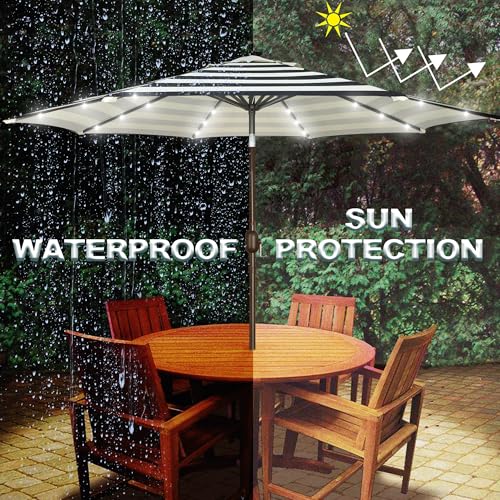 Image of Blissun 9 ft Solar Umbrella, Patio Umbrella with 32 LED Lights, Table Market Umbrella, Outdoor Umbrella for Garden, Deck, Backyard, Black & Beige