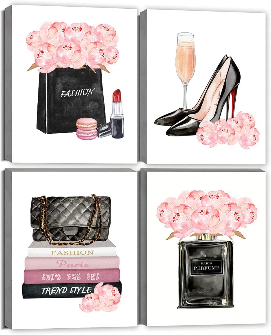 Pink Makeup Room Wall Art Fashion Perfume Flowers Handbag Poster Pictures Canvas Prints Framed for Women Bedroom Rose Gold Room Decor