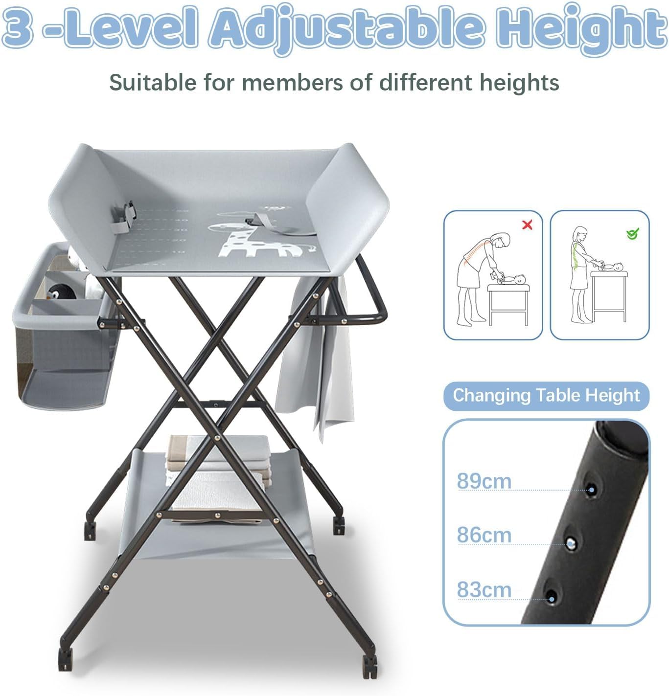 Suicune Baby Changing Table Portable Folding Diaper Changing Station with Wheels, Adjustable Height Mobile Nursery Organizer with Safety Belt and Large Storage Racks for Newborn Baby and Infant - Image 2 thumbnail