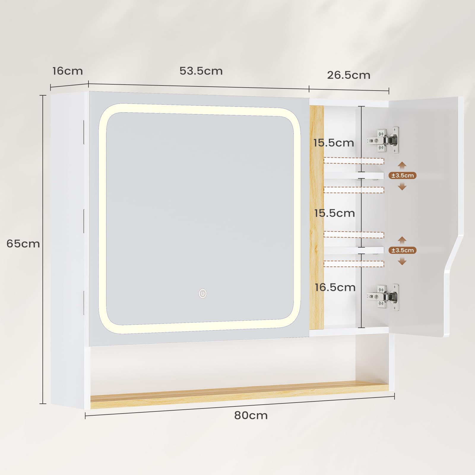 Meuble de Salle de Bain avec Éclairage LED et Miroir HD, Armoire Miroir Salle de Bain avec 3 Étagères Réglables，Température de Couleur Réglable, Armoire de Toilette, 80x16x65 cm, Blanc