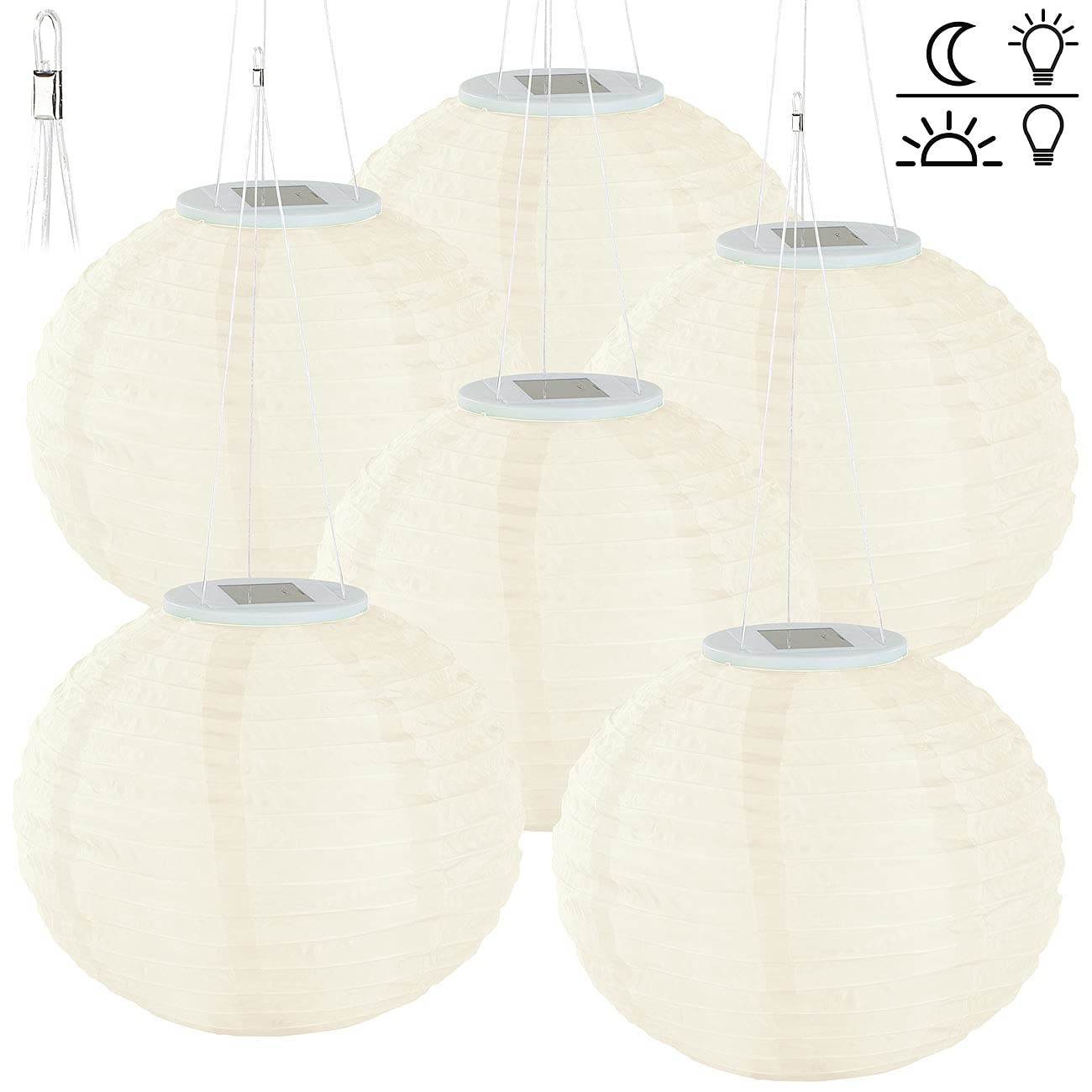 Lunartec Solar Lampions warmweiss: 12er-Set Solar-LED-Lampions, LEDs, Dämmerungs-Sensor, IP44, Ø 30 cm (Garten, Lampignon, Ball)