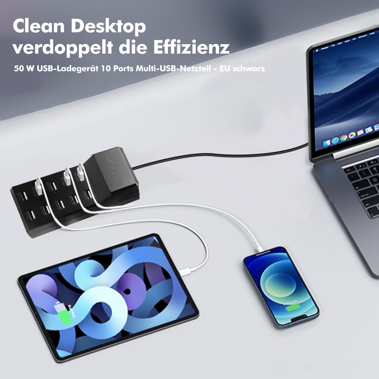 USB Charger 10 Ports 50 W, Multiple USB Hub Charging Dock, Multi-Socket Adapter Compatible with iPhone Samsung iPad Xiaomi Huawei Tablet — Amazon image 3