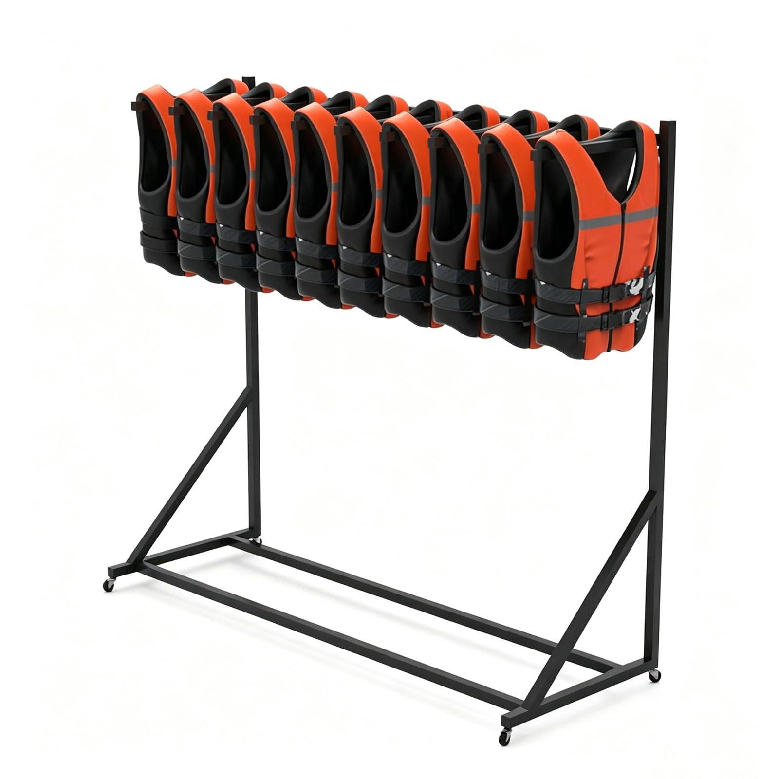 Life Jacket and Vest Hanger, Pool Tool Organizer Holder with Swivel Wheels, Metal Dock Organizer Drying Rack for wetsuits and buoyancy vests(1-Tier)