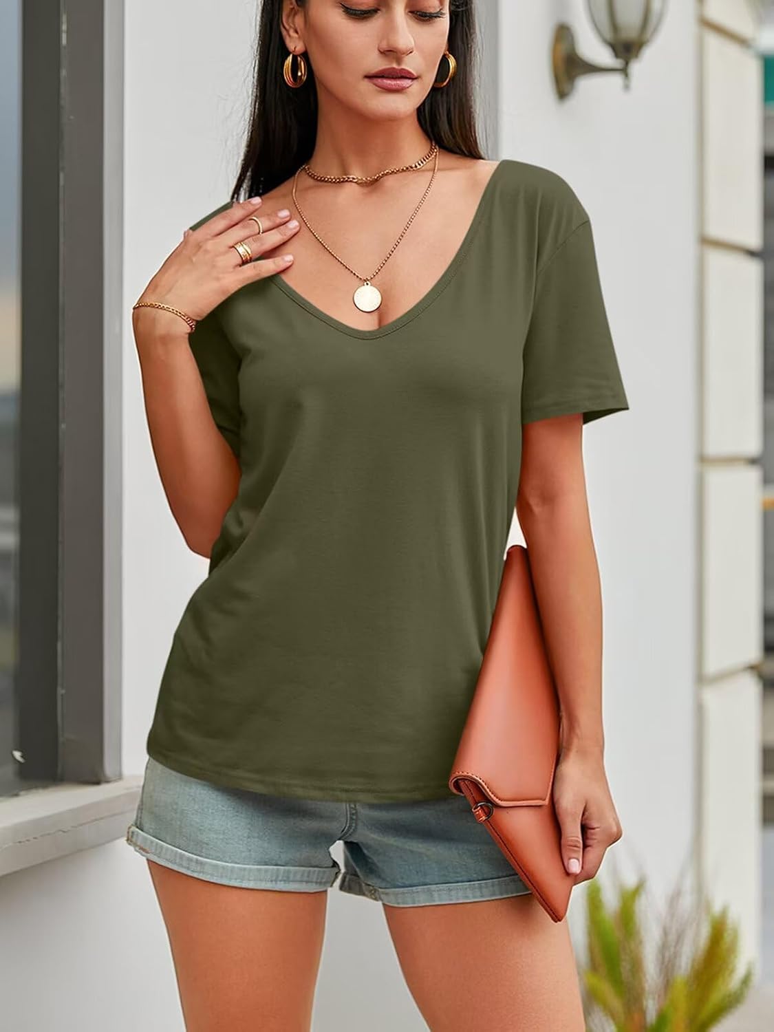 Womens Deep V Neck T Shirts Casual Short Sleeve Loose Fit Basic Fashion Tee Tops - Image 4