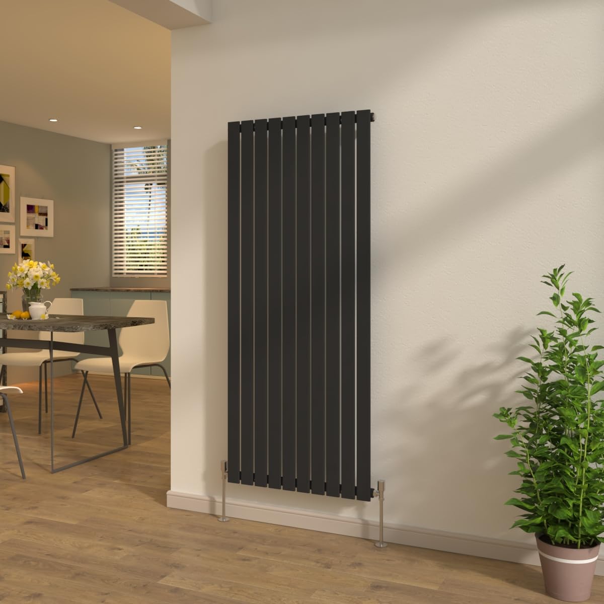 NRG 1600x680mm Flat Panel Single Column Designer Radiator Vertical Black Central Heating Rads + Free Angled Valves