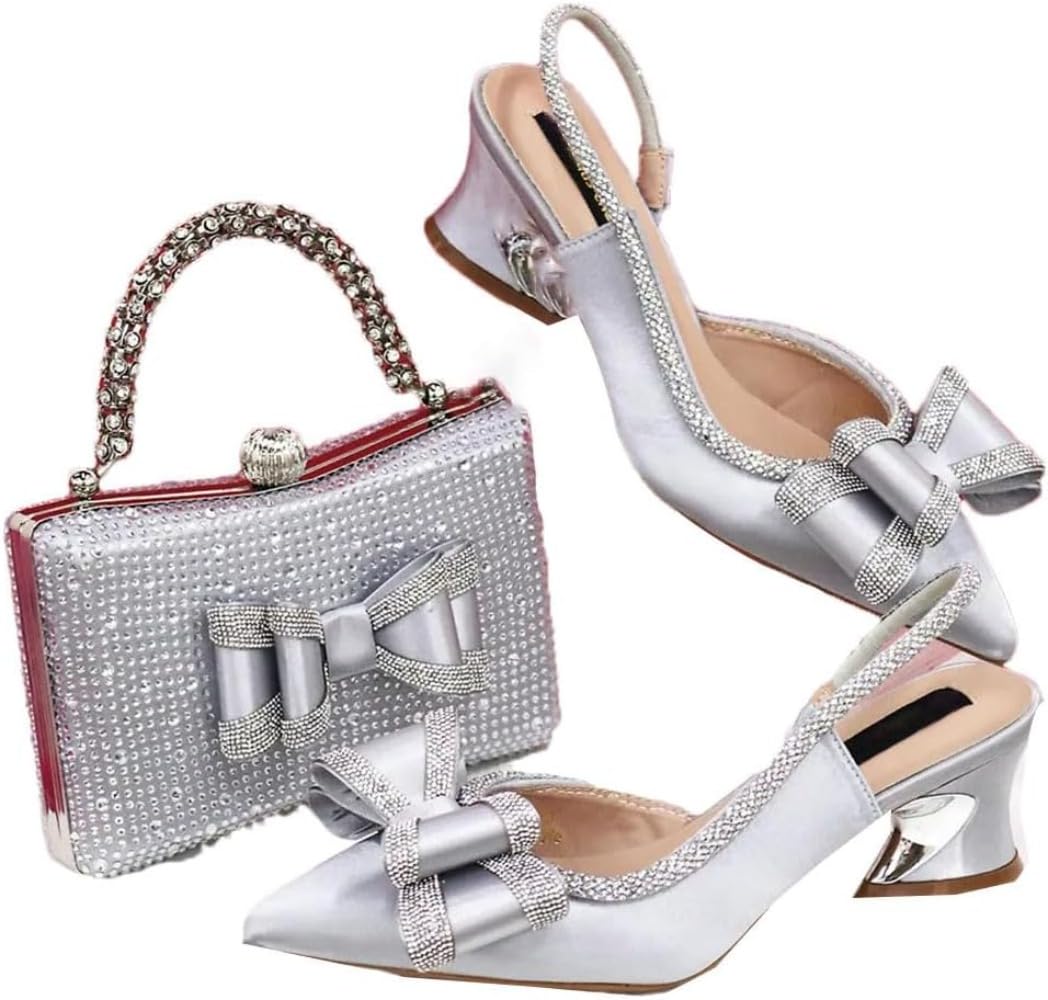 Elegante de la Mujer Tacones de Fiesta Bordado Zapatos Bolsa Set Combo Puntiagudo Tacones de con Cuadrado Diamantes de imitación Bolsa Adecuado para Fiesta Boda (Plateado,39)