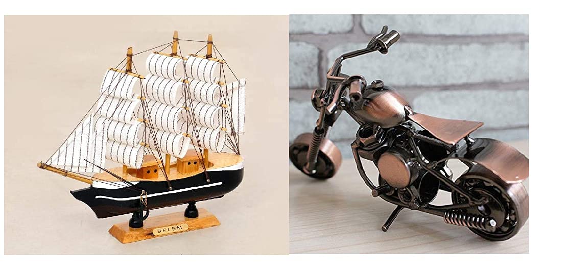 ISKA Combination of Decorative Sailing Ship Showpiece (12.5 cm) & Metal Handmade Vintage Motor Bike Miniature Small (16 cm)