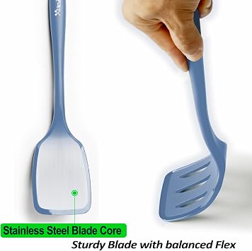 2 Pack Spatulas Set, Seamless Spatulas Silicone Heat Resistantan, Solid & Slotted Turners for Non Stick Cookware, Kitchen Utensils for Fish, Eggs, Pancakes, Wok (Blue)